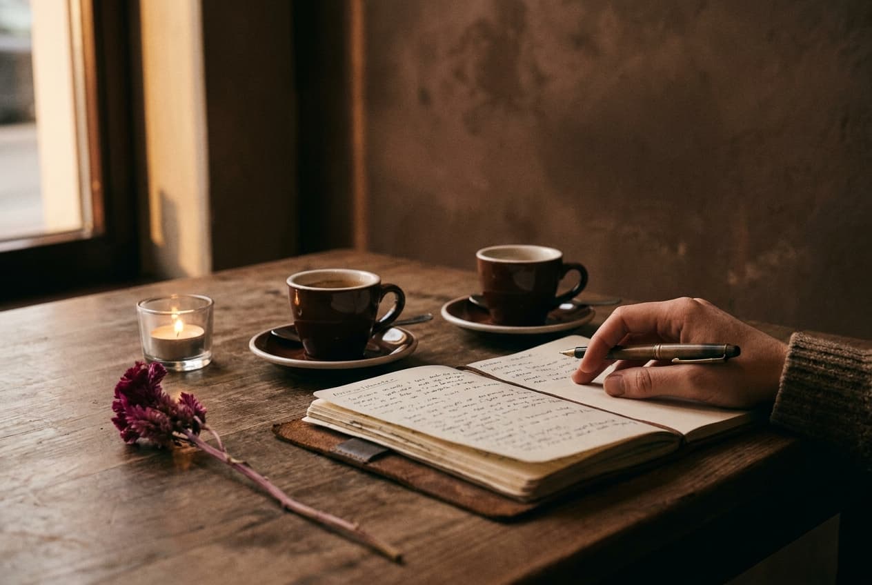 Notizbuch und zwei Kaffeetassen bei einem persönlichen Coaching-Gespräch