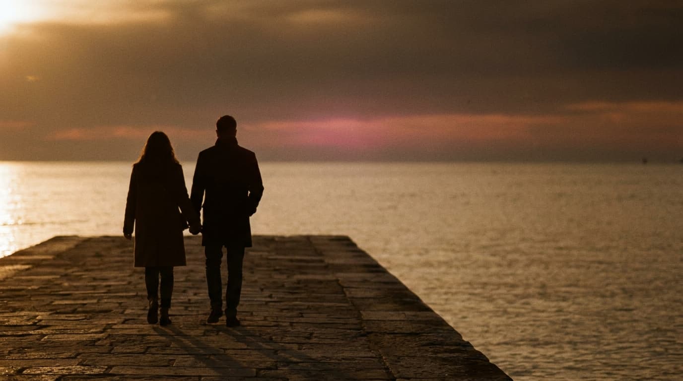 Ein Paar geht bei Sonnenuntergang gemeinsam einen Steg entlang