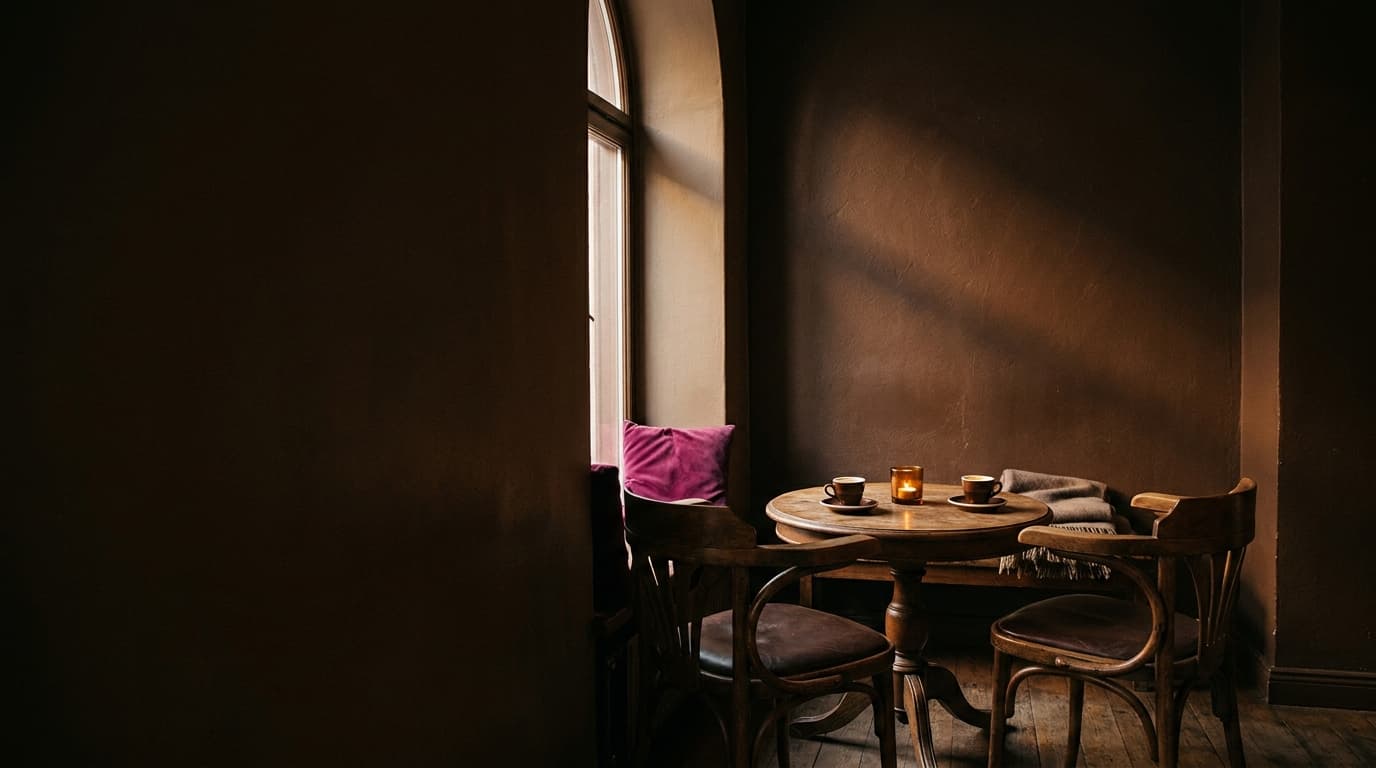 Zwei Tassen an einem ruhigen Tisch — Sinnbild für Verbindung